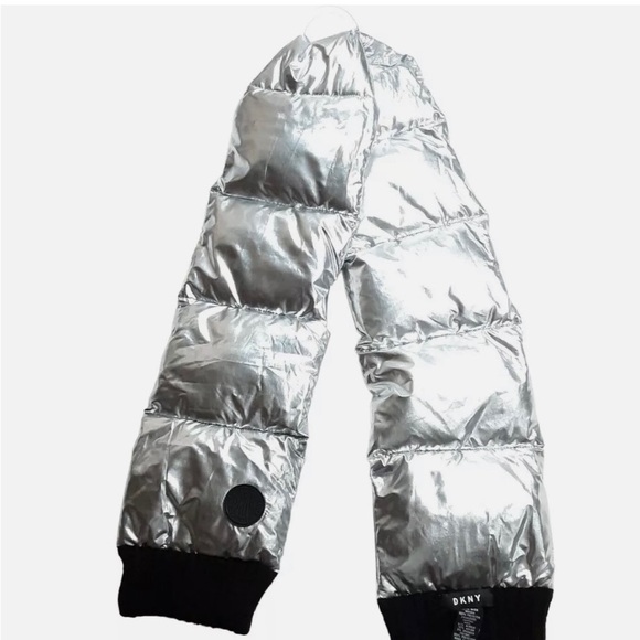 NWOT DKNY quilted silver puffer scarf. Black trim. 8 x 60”. Purchased w/o tags. - Picture 3 of 6